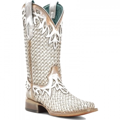Corral Womens White Glitter Woven Overlay Square Toe Boot