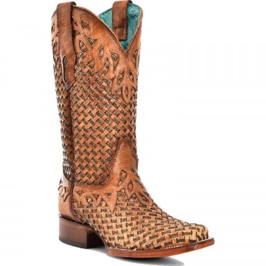 Corral Womens Sand Glitter Woven Overlay Square Toe Boot A4525