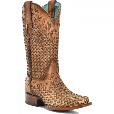 Corral Womens Sand Glitter Woven Overlay Square Toe Boot