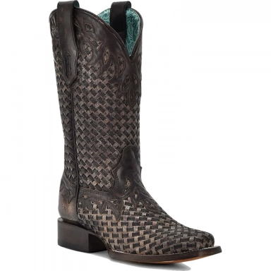 Corral Womens Chocolate Glitter Woven Overlay Square Toe Boot