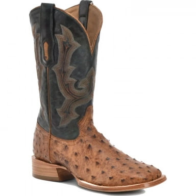Corral Mens Tan-Olive Green Ostrich Embroidery Wide Square Toe Boot