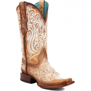 Corral Womens Straw-Blue Luminescent Embroidery Square Toe Boot