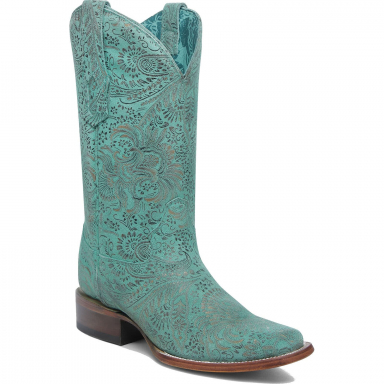 Corral Womens Turquoise Staped Floral Suede Square Toe Boot