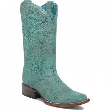 Corral Womens Turquoise Staped Floral Suede Square Toe Boot