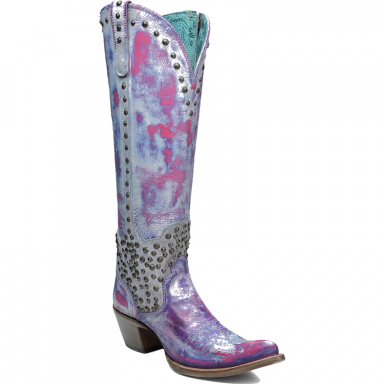 Corral Womens White Pink Tie Dye Effect Studs Tall Top Boot