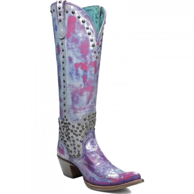Corral Womens White Pink Tie Dye Effect Studs Tall Top Boot