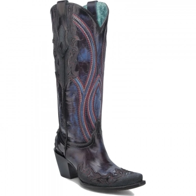 Corral Womens Blue-Wine Denim Overlay Embroidery Tall Top Boot