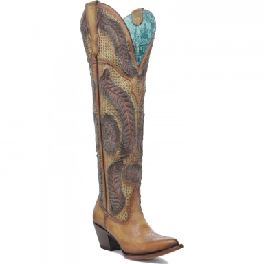 Corral Womens Yellow Denim Overlay Embroidery Studs Tall Top J Toe