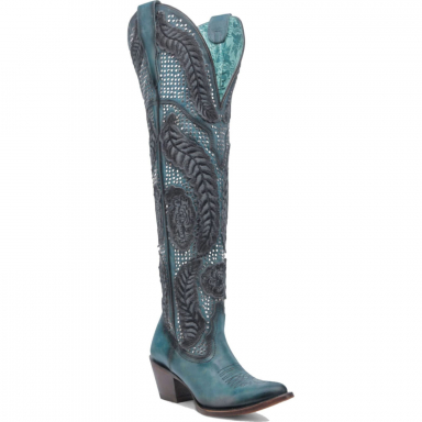 Corral Womens Aqua Denim Overlay Embroidery Studs Tall Top J Toe Boot A4702
