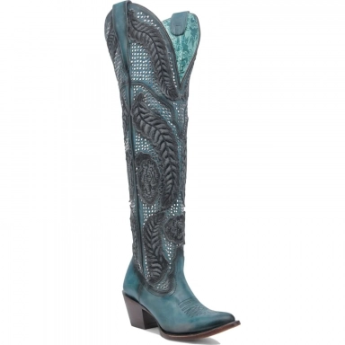 Corral Womens Aqua Denim Overlay Embroidery Studs Tall Top J Toe Boot