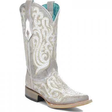Corral Womens White Embroidery Crystals Square Toe Boot