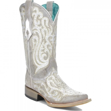Corral Womens White Embroidery Crystals Square Toe Boot