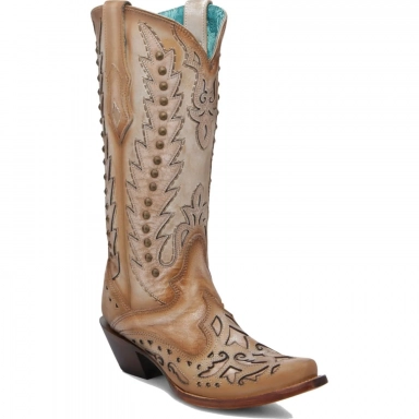 Corral Womens Sand Embroidery Overlay Studs Wing Tip Boot