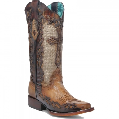 Corral Womens Sand Jute Cross Overlay Wide Square Toe Boot