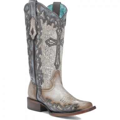 Corral Womens Bone-Silver Jute Cross Overlay Square Toe Boot