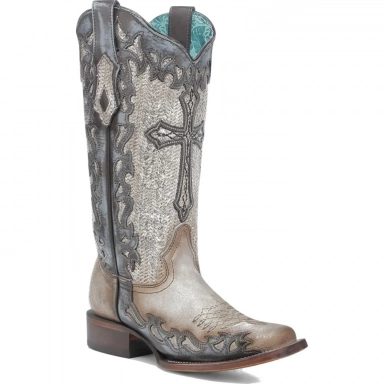 Corral Womens Bone-Silver Jute Cross Overlay Square Toe Boot
