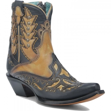 Corral Womens Black-Yellow Embroidery Overlay Studs Wing Tip Ankle