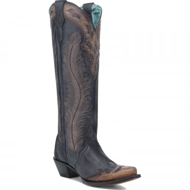 Corral Womens Black-Honey Feathers Embroidery Crackled Overlay Studs Tall Top Boot