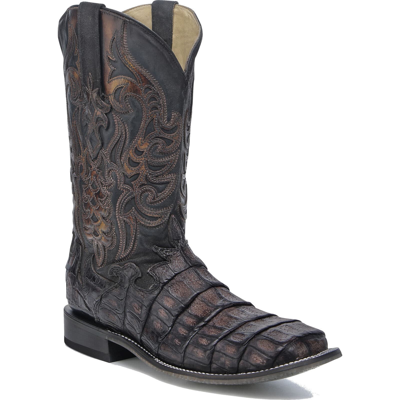Shop Corral Mens Chocolate Caiman Overlay Embroidery Wide Square Toe ...