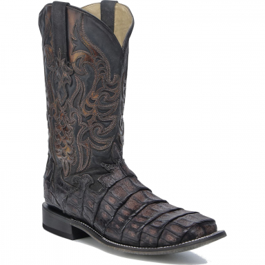 Corral Mens Chocolate Caiman Overlay Embroidery Wide Square Toe Boot