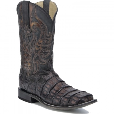 Corral Mens Chocolate Caiman Overlay Embroidery Wide Square Toe Boot