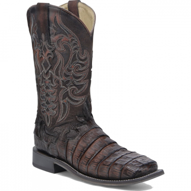 Corral Mens Tan-Brown Caiman Overlay Embroidery Wide Square Toe Boot