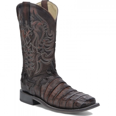Corral Mens Tan-Brown Caiman Overlay Embroidery Wide Square Toe Boot