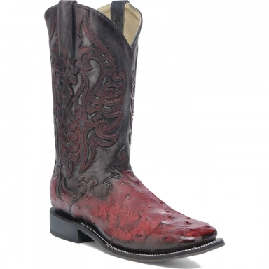 Corral Mens Red-Black Ostrich Overlay Embroidery Wide Square Toe Boot