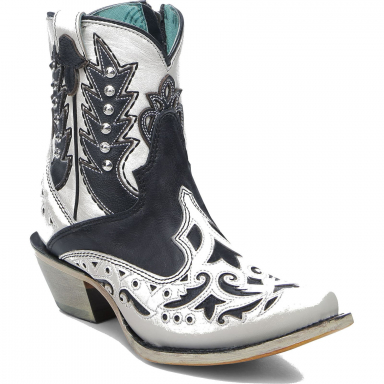 Corral Womens White-Black Embroidery Overlay Studs Wing Tip Ankle Boot