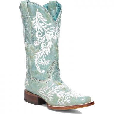 Corral Womens Turquoise Embroidery Glow In The Dark Square Toe Boot