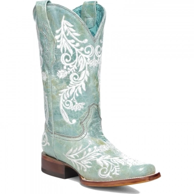 Corral Womens Turquoise Embroidery Glow In The Dark Square Toe Boot