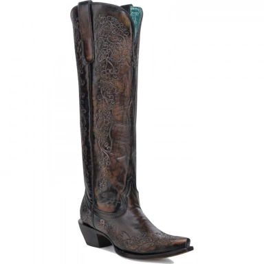 Corral Womens Black-Honey Floral Embroidery Tall Top Boot