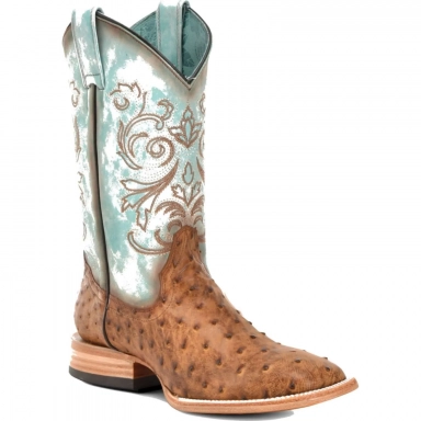 Corral Womens Honey-Distressed Blue Ostrich Embroidery Wide Square Toe