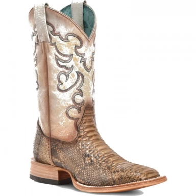 Corral Womens Taupe-Beige Python Embroidery Wide Square Toe Boot
