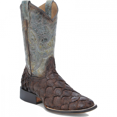 Corral Mens Tobaco-Turquoise Fish Pirarucu Embroidery Wide Square Toe Boot B5023