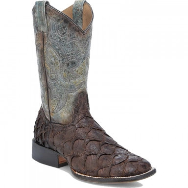 Corral Mens Tobaco-Turquoise Fish Pirarucu Embroidery Wide Square Toe