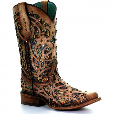Corral Womens Bone Multicolor Inlay And Studs Square Toe Boot C3405