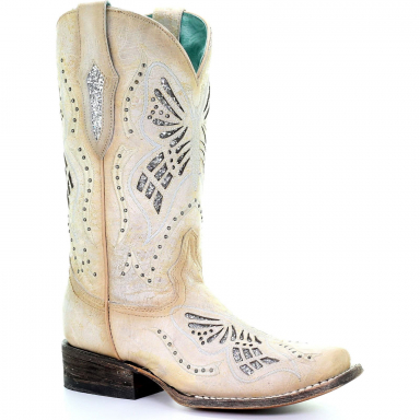 Corral Womens White Glitter Butterfly Inlay Square Toe Boot C3473