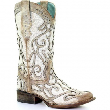 Corral Womens Bone White Glitter Inlay Studs Square Toe Cowgirl Boot C3482