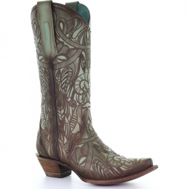Corral Womens Turquoise Brown Laser Engraved Feathers Cowgirl Boot C3491