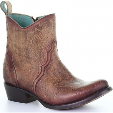 Corral Womens Tan Cutout Hand Painted Ankle Boot Round Toe C3492