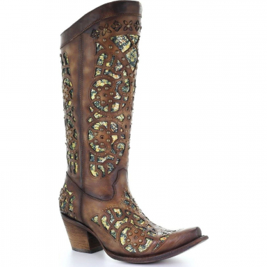 Corral Womens Brown Multicolor Glitter Inlay Embroidery Studs Cowgirl Boot C3494