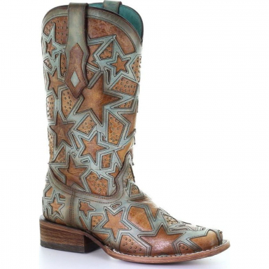 Corral Womens Turquoise Brown Stars Inlay Studs Square Toe Cowgirl Boot C3519