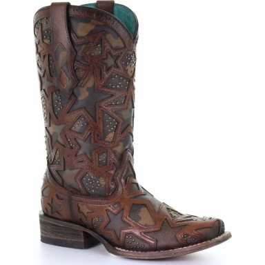 Corral Womens Brown Camouflage Stars Inlay Studs Square Toe Cowgirl Boot C3520