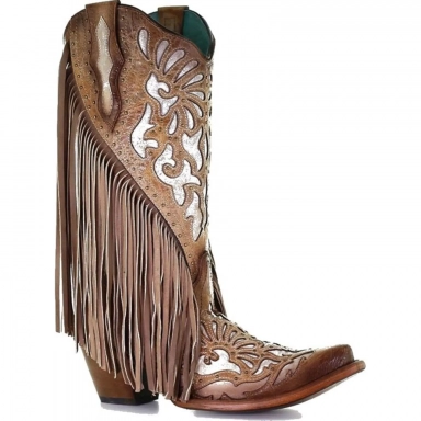 Corral Womens Saddle Lamb Inlay Embroidery Studs Fringes Boot