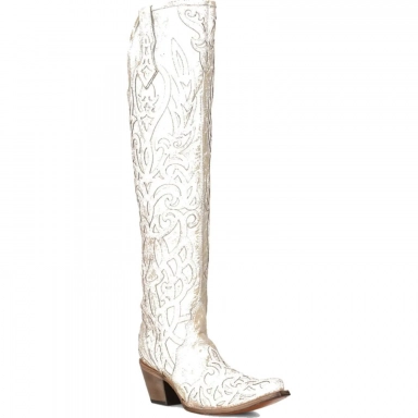 Corral Womens Beige Glitter Overlay Embroidery Tall Top Boot