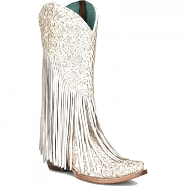 Corral Womens White Lamb Overlay Embroidery Fringes Boot
