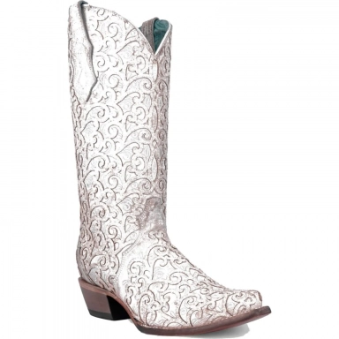 Corral Womens White Glitter Overlay Embroidery Triad Boot