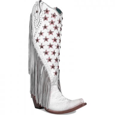 Corral Womens White-Pink Stars Inlay Embroidery Studs Lamb Fringes Tall Top Neon Black Light Boot C4