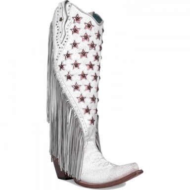 Corral Womens White-Pink Stars Inlay Embroidery Studs Lamb Fringes